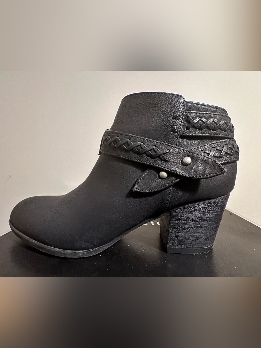Indigo Rd Black Braided Strap Ankle Boots with Block Heel